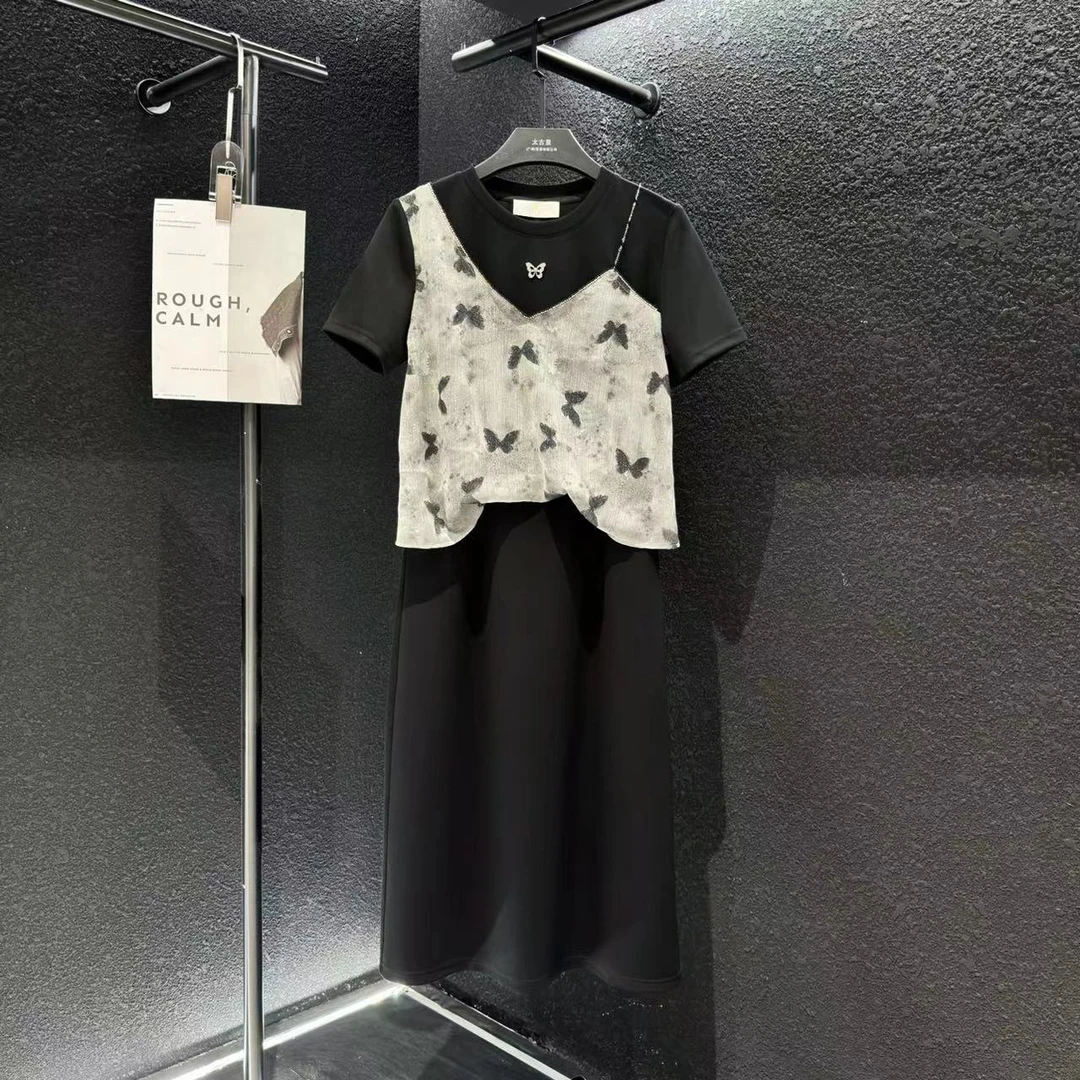 【昕昕专属】【20】圆领蝴蝶图案背带假两件显瘦气质连衣裙JC-A1419