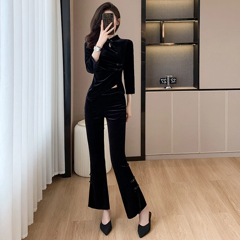 秋冬新款修身显瘦时尚喇叭裤金丝绒拼接旗袍上衣长袖优雅两件套女
