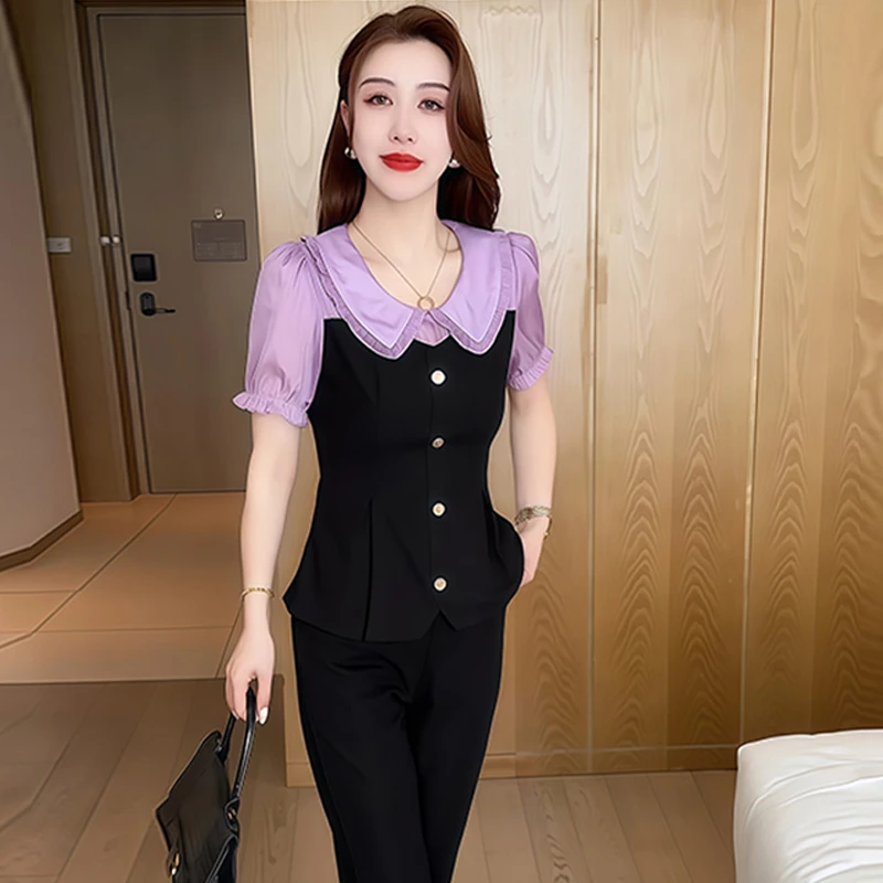 高级感休闲套装女2025年夏季新款娃娃领拼接上衣阔腿长裤两件套潮