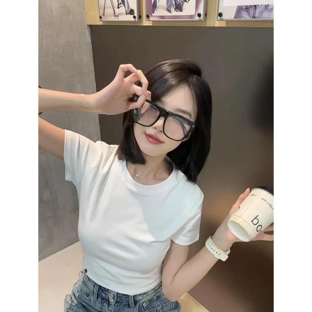 夏季新款韩版修身简约短款净版纯色百搭圆领短袖T恤上衣