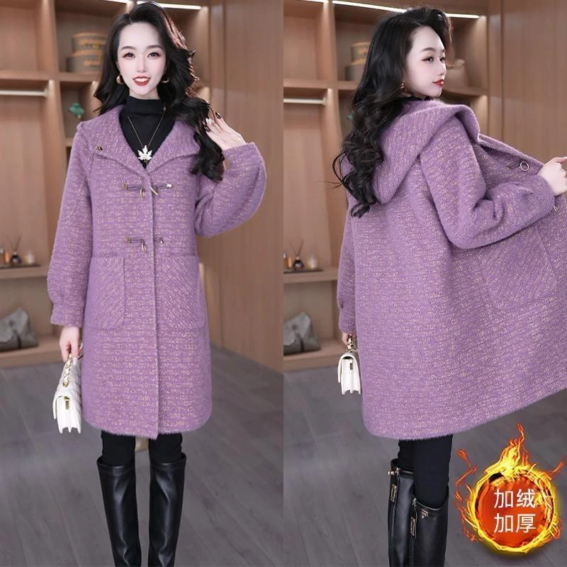 冬季新款时尚减龄百搭风衣外套高级雪花绒夹棉加厚保暖毛呢大衣女