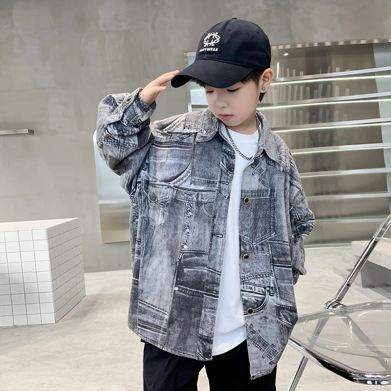 男童棉布印花牛仔衬衫薄款外套2025新款中大儿童春装痞帅宽松上衣