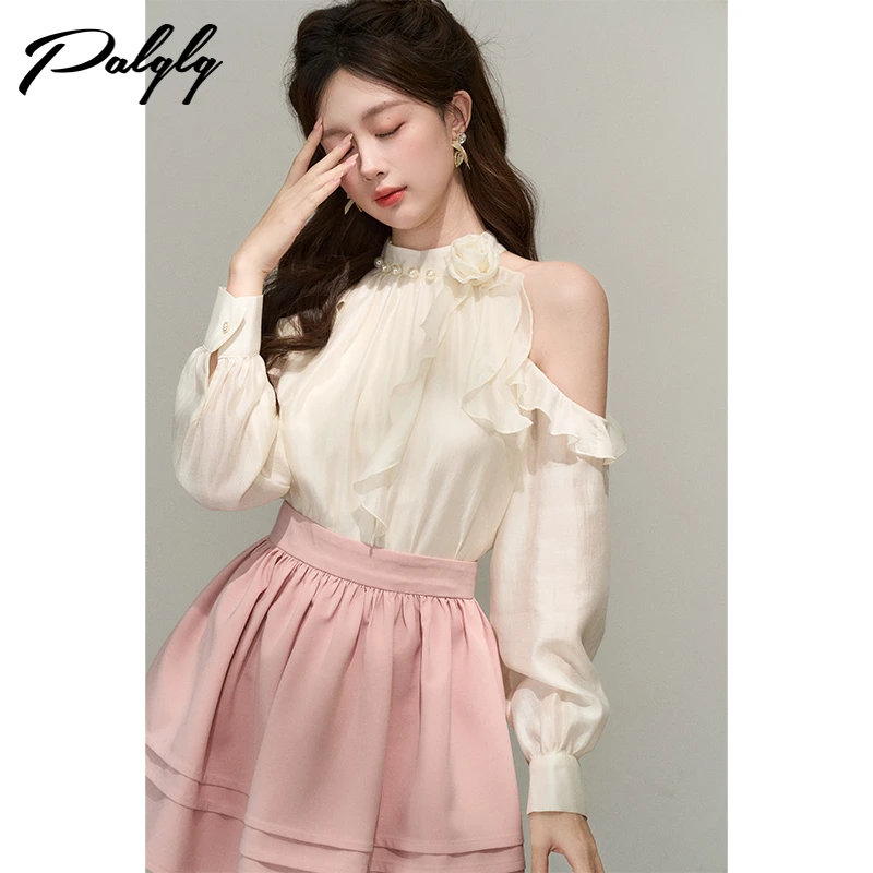 木耳边杏色挂脖露肩长袖衬衫早秋设计感小众绝美甜美法式小衫上衣