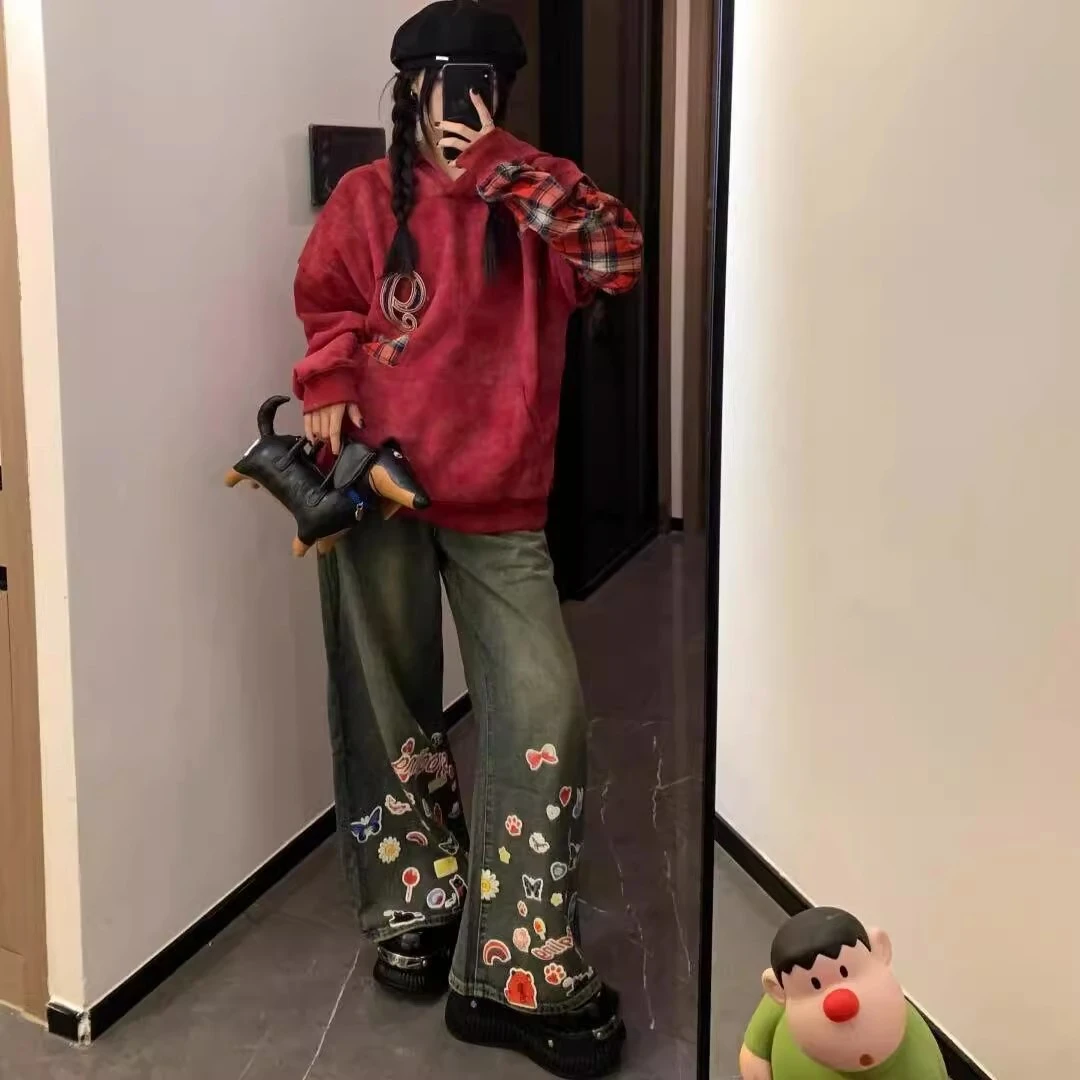 高个子美式复古卡通涂鸦牛仔裤女春季大码辣妹直筒宽松显瘦阔腿裤
