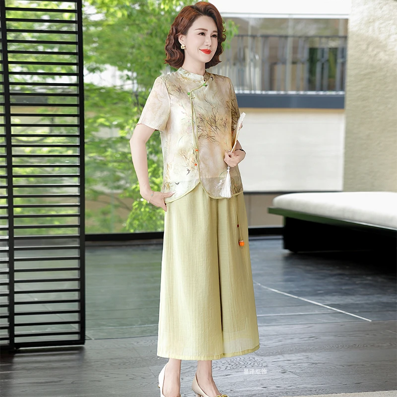 恒源祥集团彩羊50岁妈妈装夏季新中式旗袍短袖套装中年女士两件套