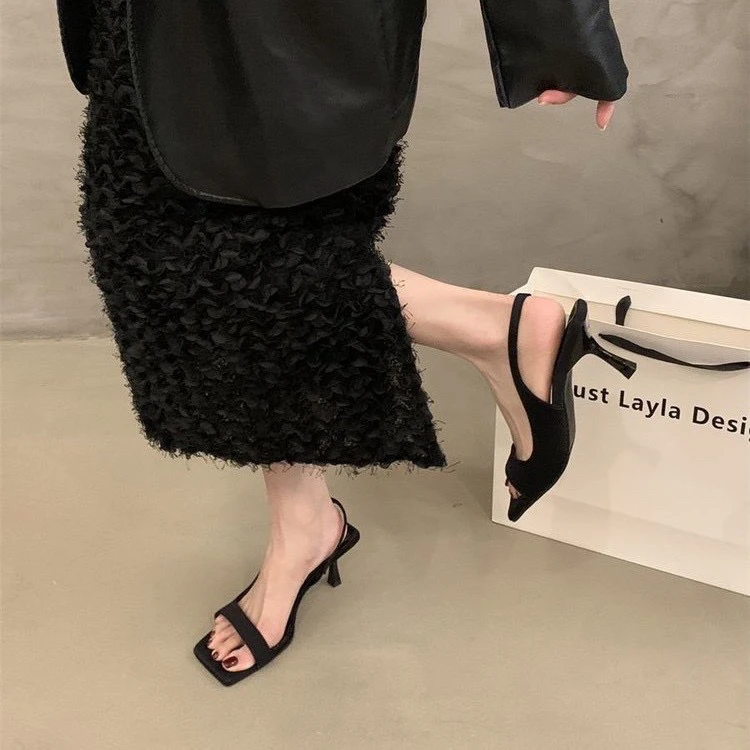 法式小众2025年夏季新款方头细跟后空配裙子高跟凉鞋仙女鞋子