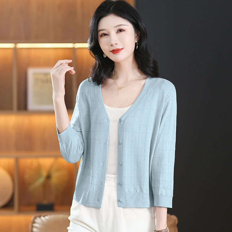 莱赛尔天丝夏季防晒衣女冰丝V领短款薄针织开衫七分中袖外搭披肩