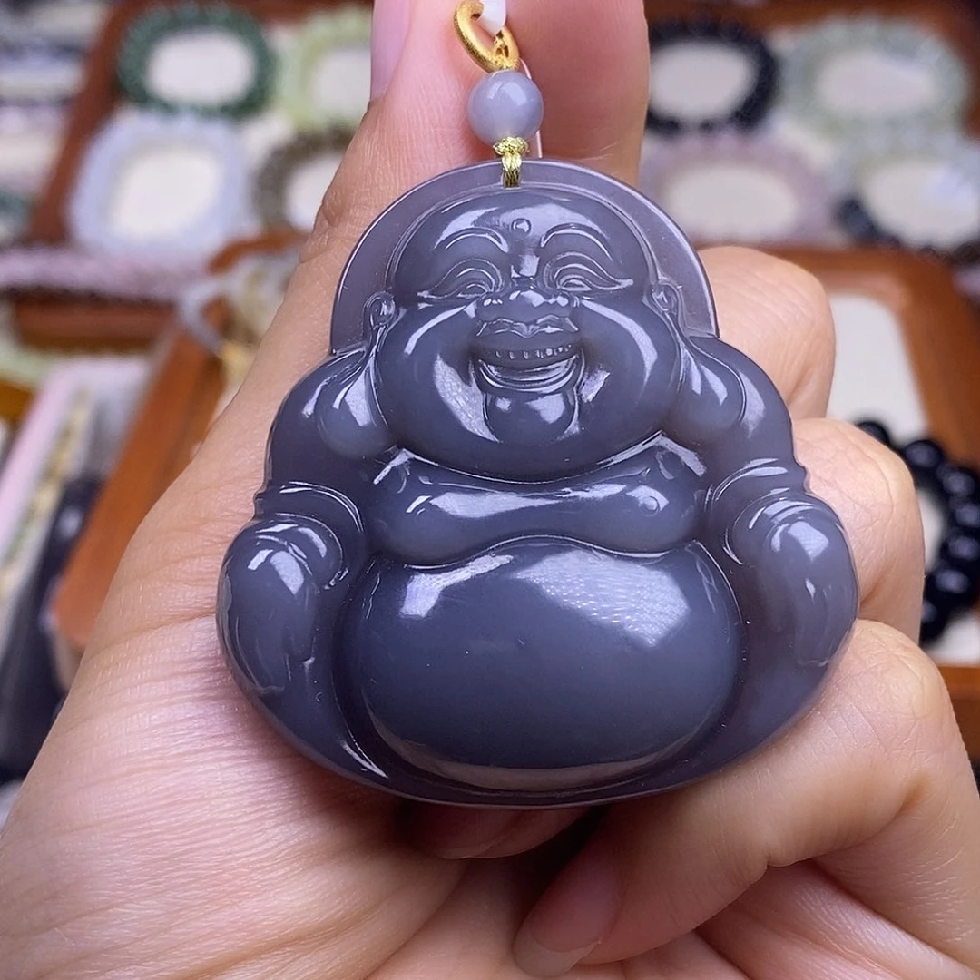 颈饰未镶嵌和田玉毕业级老坑料高冰浓烟紫18.k.佛公吊坠