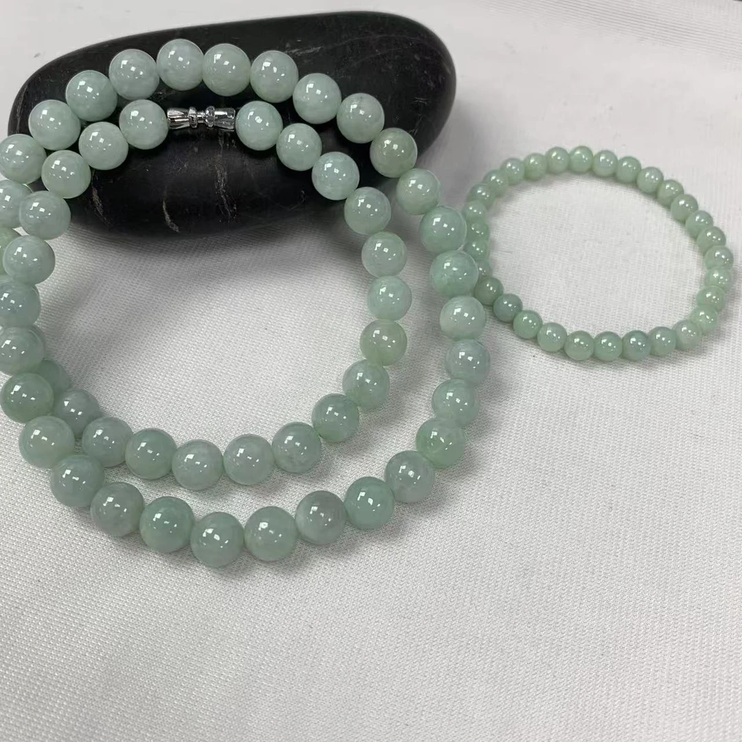 缅甸天然A货翡翠浅果绿圆珠气质时尚百塔项链套装-多样性发其一