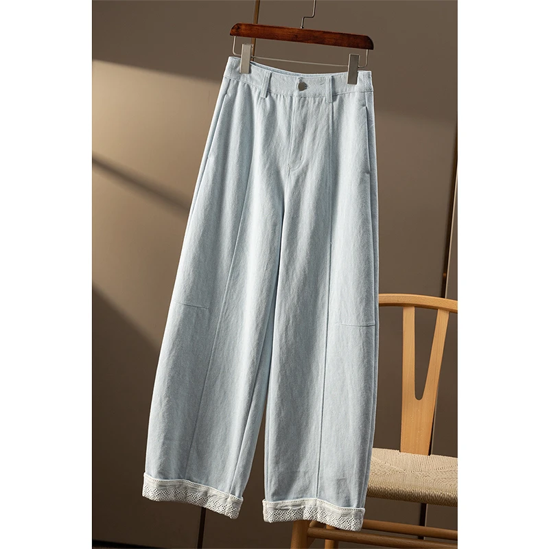 浅牛仔更高阶 法G立体拼缝高腰花边镰刀九分裤春天家女4W26