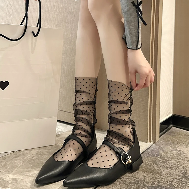 透明袜子女夏季薄款网纱堆堆袜波点中筒袜女生白色黑色超薄款夏天