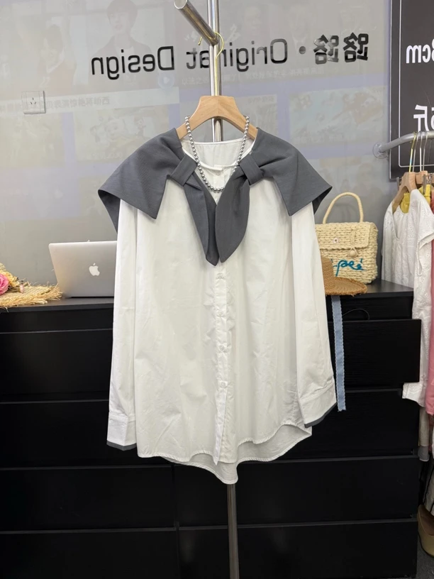 （素一一）JK女装气质女2025秋款阔版纯棉遮肉多巴胺遮肉衬衣3223