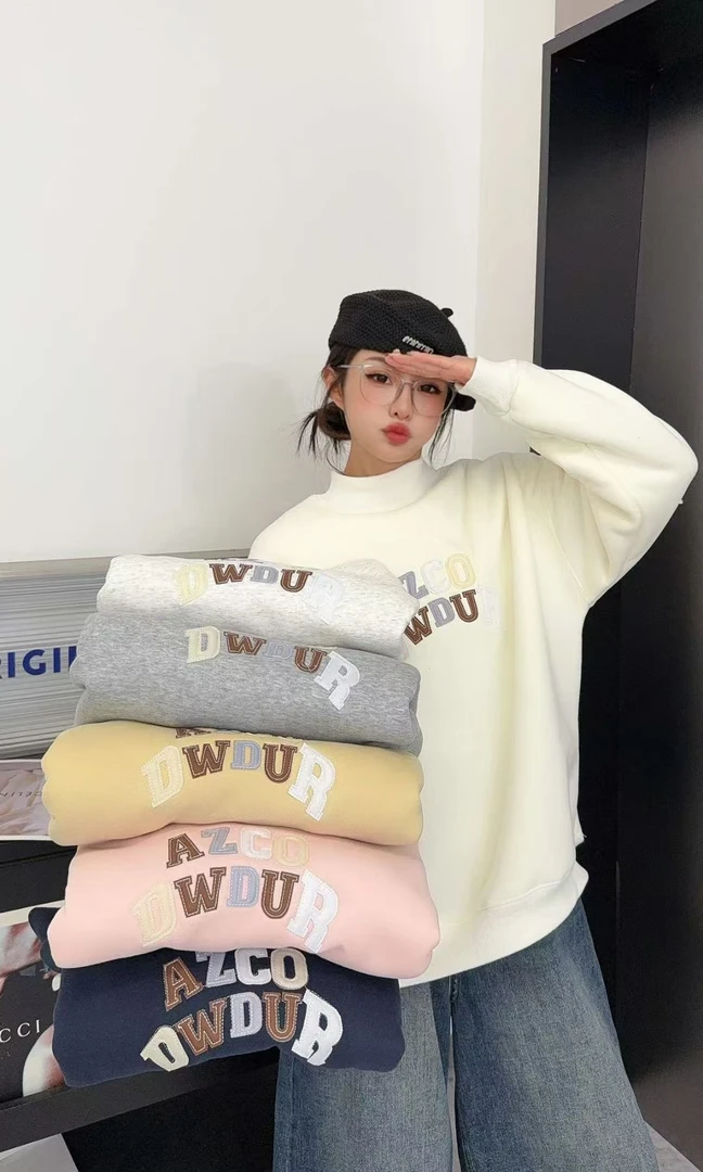 半高领 加绒加厚 羊羔绒字母贴布绣 宽松 保暖 卫衣5025