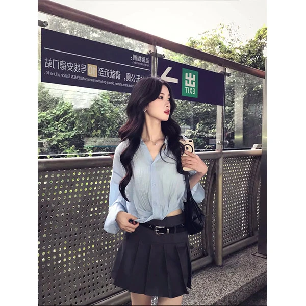 2025秋季新款女装扭结褶皱超宽松通勤长袖罩衫衬衫+裙子时尚套装