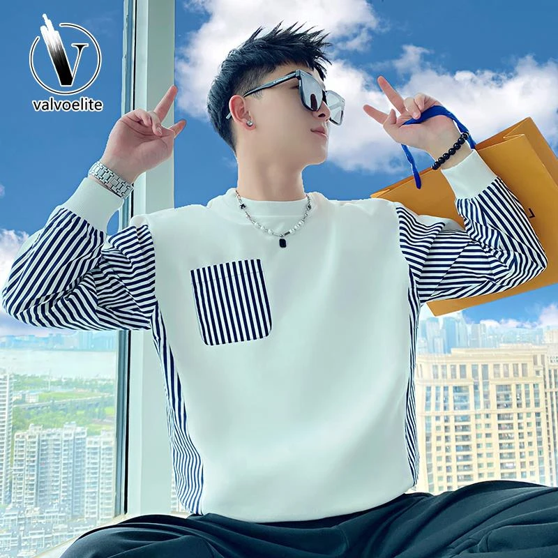 VALVOELITE男士卫衣新款款春秋潮牌痞帅条纹长袖恤潮流休闲上衣服