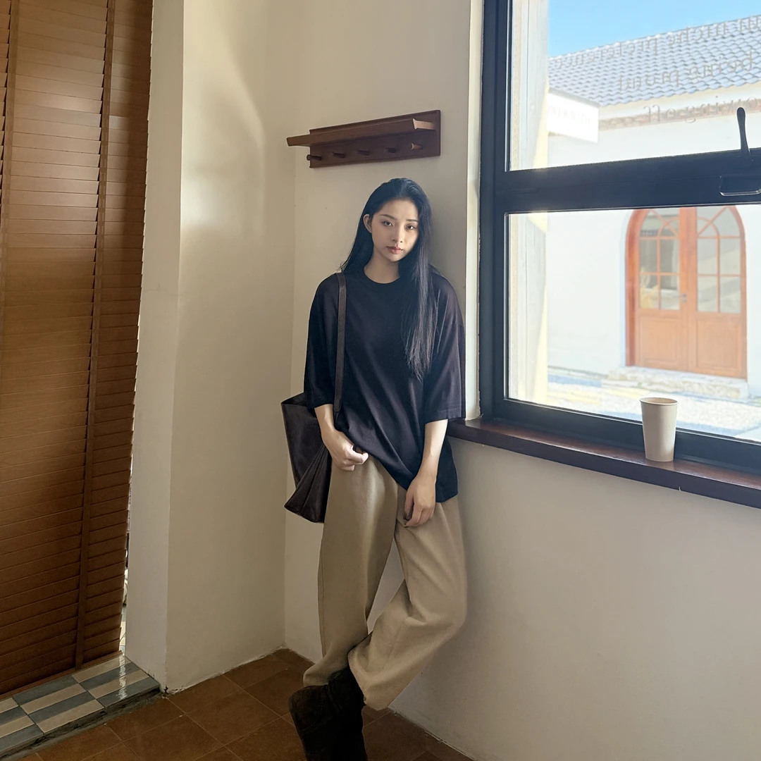 euri自由的形状扬子120's极细精纺羊毛宽松圆领T恤针织衫-MY6190