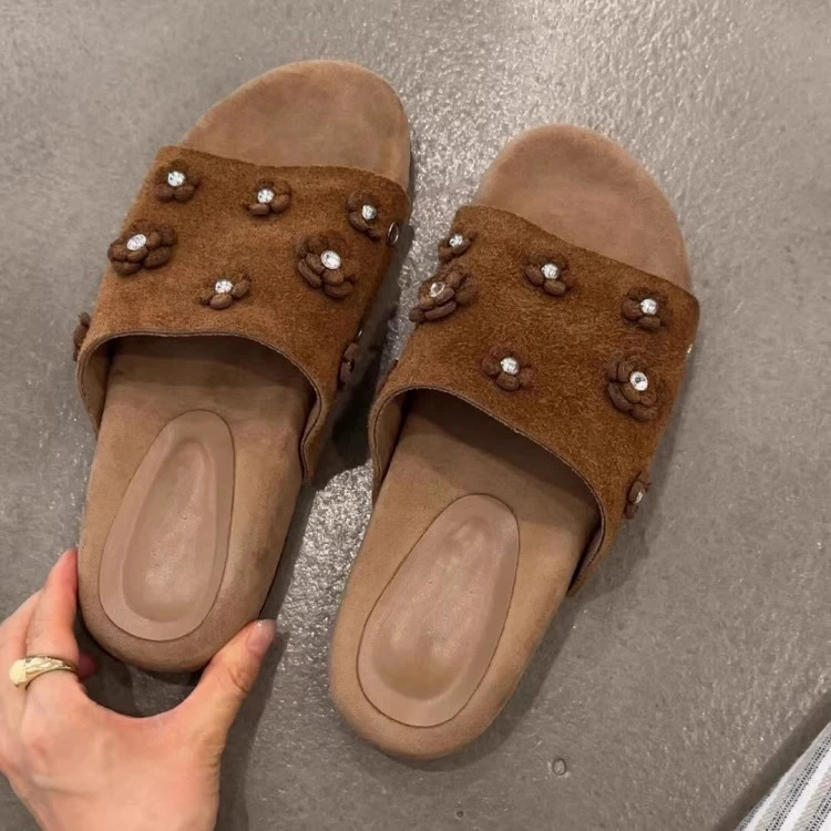 洋气版~法式复古风花朵露趾凉拖鞋女新款时尚百搭厚底一脚蹬凉鞋