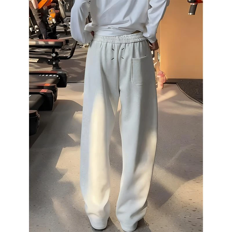 白花灰美式运动卫裤男款秋冬加绒弯刀微喇裤子cleanfit重磅直筒裤