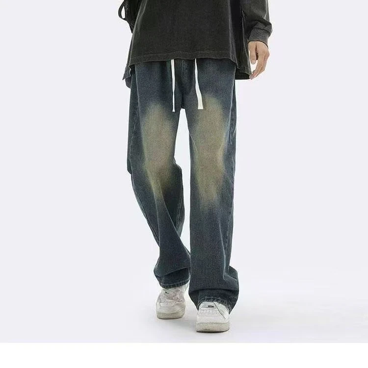 G246美式直筒牛仔裤男款潮牌高街宽松水洗抽绳秋季休闲长裤子男士