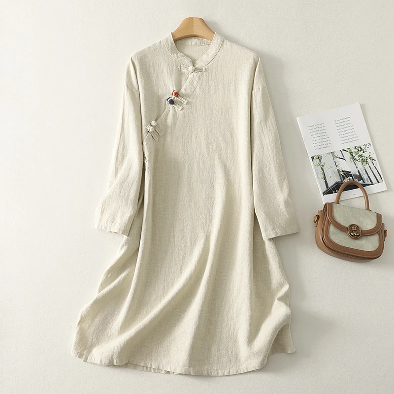 新中式麻色长袖立领连衣裙佛系禅服居士服斜襟盘扣袍子复古旗袍裙