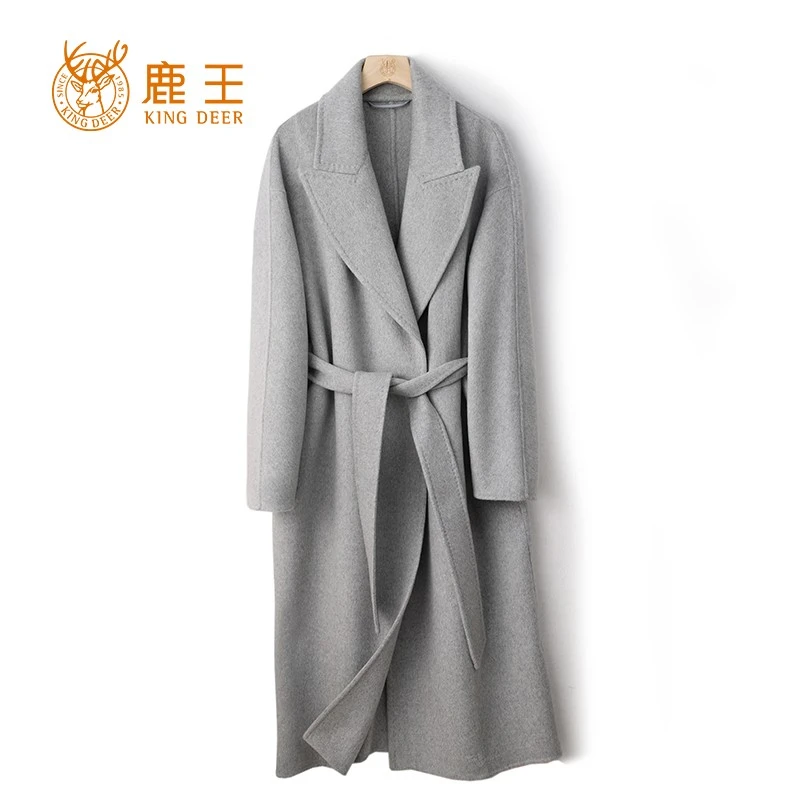 编码LX006鹿王新款女戗驳领100山羊绒系带长款气质羊绒大衣时尚
