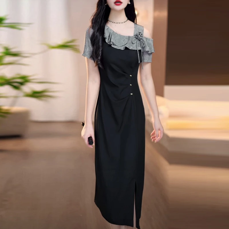 冰丽丝温婉知性小黑裙2025夏季新款时尚气质优雅修身显瘦连衣裙子