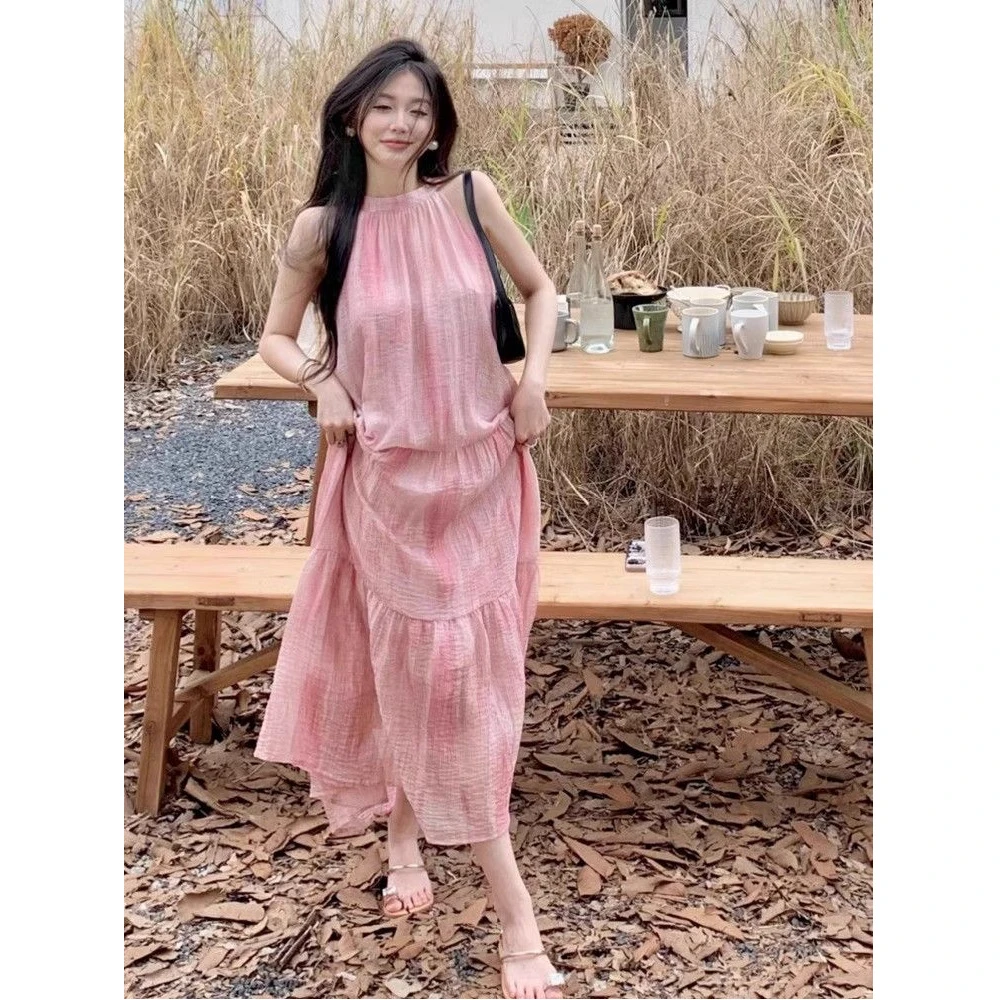 夏季无袖挂脖扎染连衣裙显瘦气质中长款甜美清新粉色沙滩仙女裙