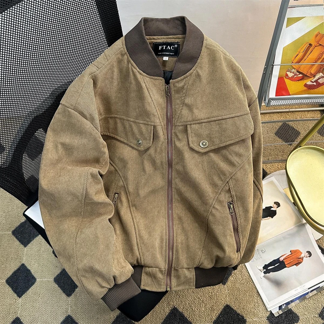 美拉德棕色短款工装外套男春秋水洗潮牌棒球服美式复古哈灵顿夹克