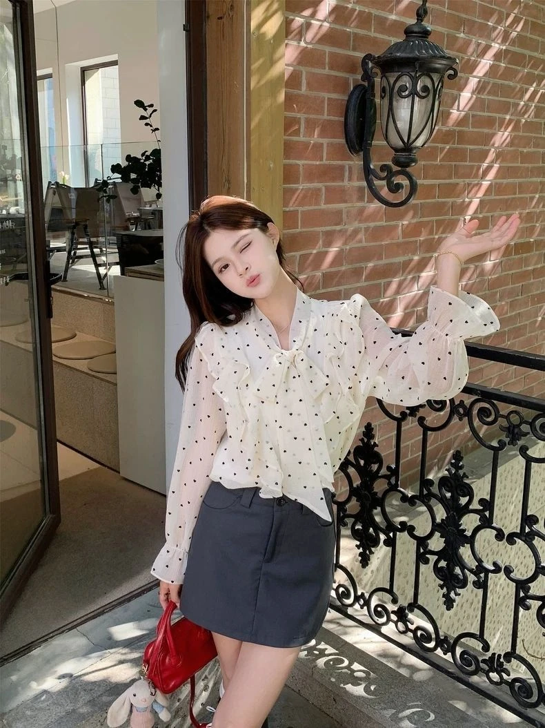 爱豆+《现货现发》波点长袖薄款防晒蕾丝打底衫蝴蝶结雪纺衬衫上衣