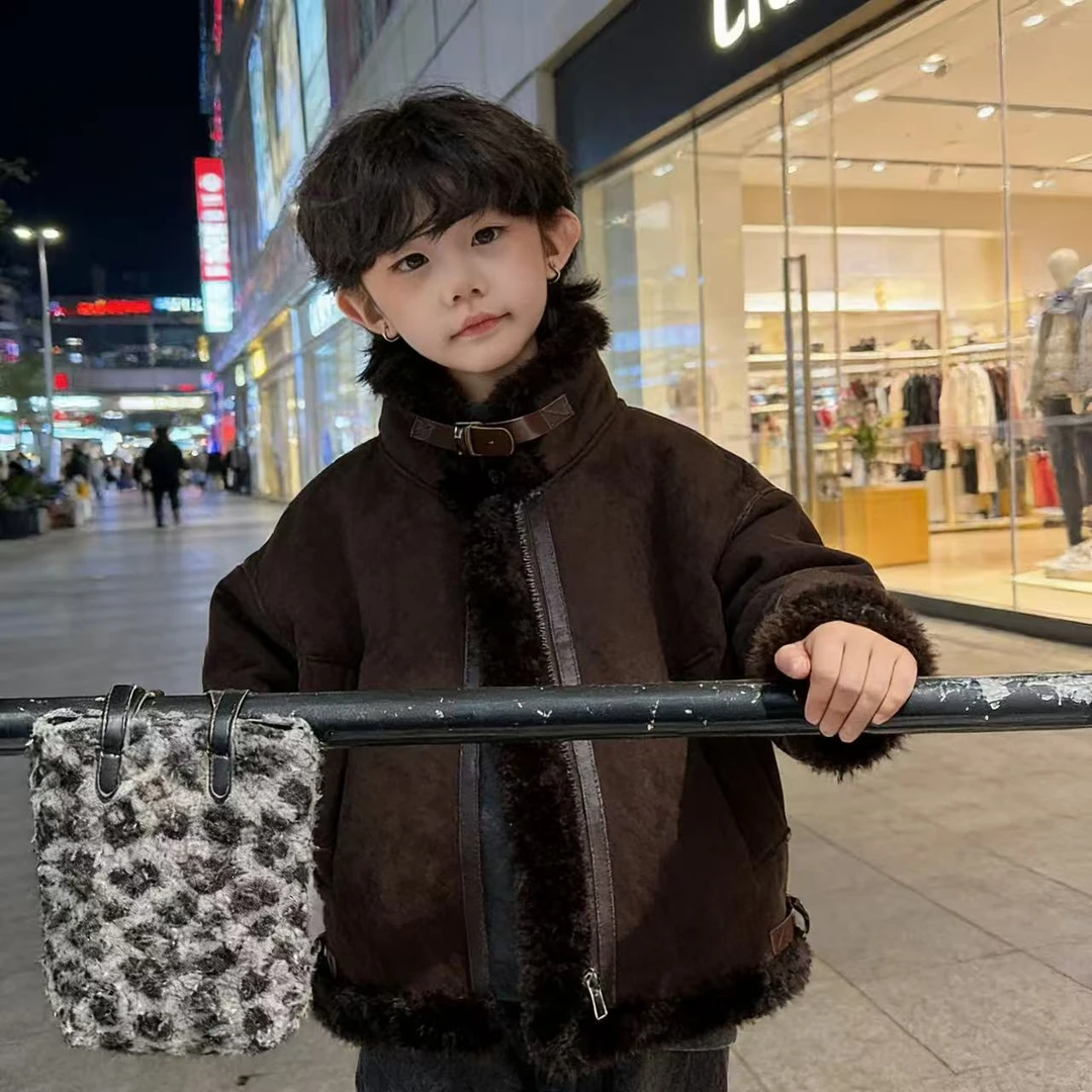 普通外套男童皮毛一体冬季女童秋冬韩版外套童装女童皮毛立领保暖