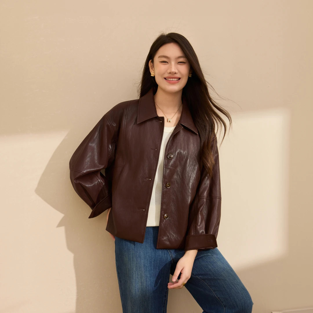 【焦糖摩卡】纤莉秀大码女装流光风哑光感短款皮衣夹克外套QK4317