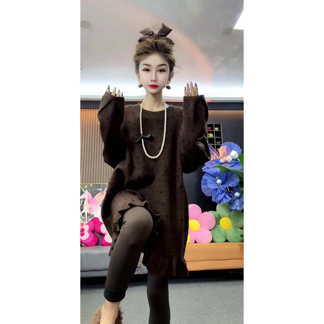 欧货新款宽松慵懒波点下摆花边圆领针织毛衣