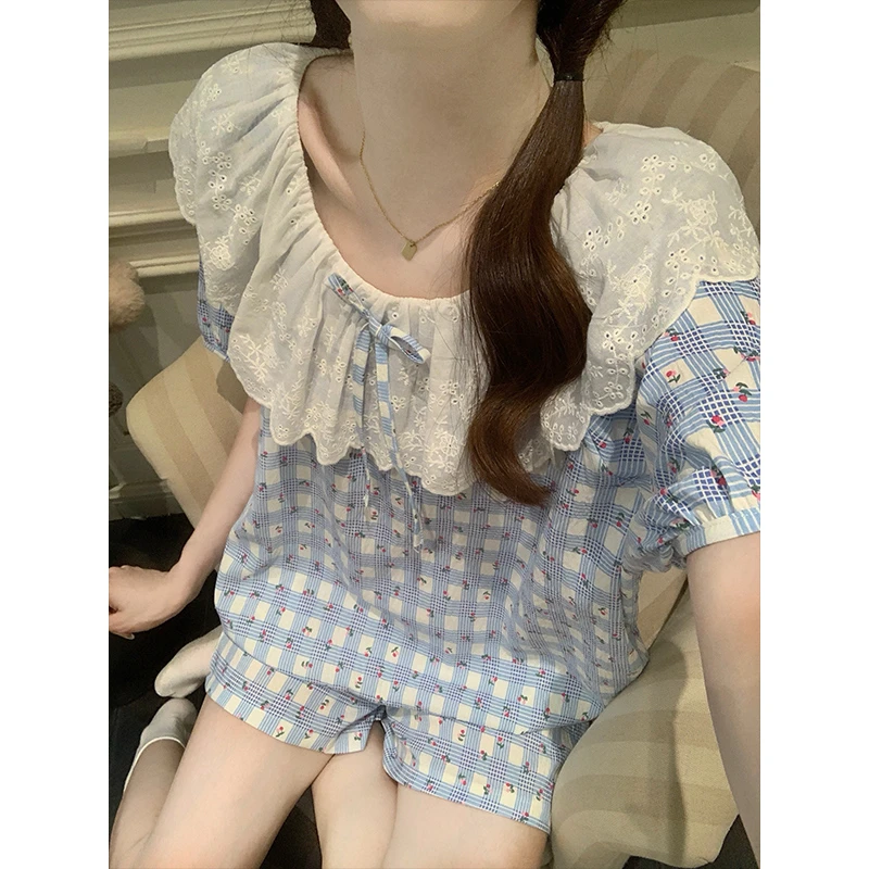 夏季薄款日系格子甜美花边公主风短袖睡衣女2025新款可外穿家居服