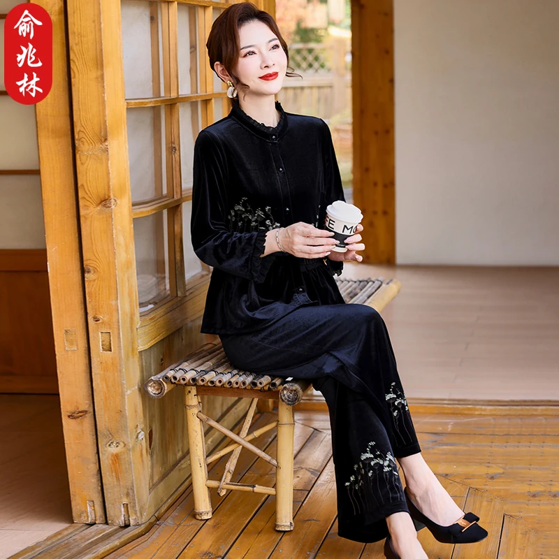 俞兆林时尚妈妈春装金丝绒套装洋气中老年女装春秋复古长袖两件套