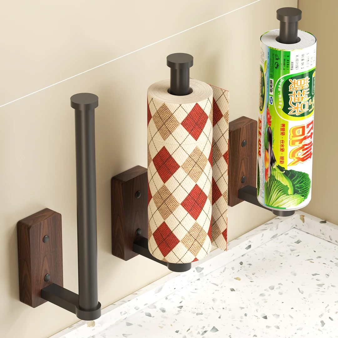 胡桃木中古风厨房专用纸巾架免打孔壁挂卷纸保鲜膜抹布收纳置物架
