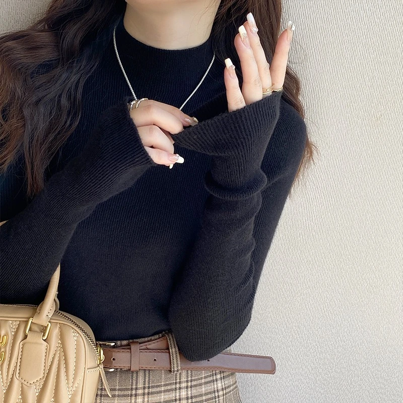 半高领长袖针织打底衫女2025秋冬新款修身显瘦基础纯色内搭上衣韩