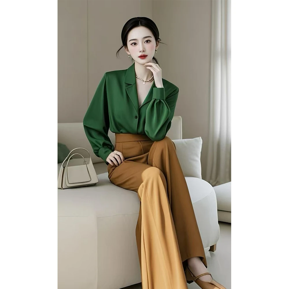 春装搭配一整套干练时尚气质气高级感职场通勤绿色衬衫套装裤女