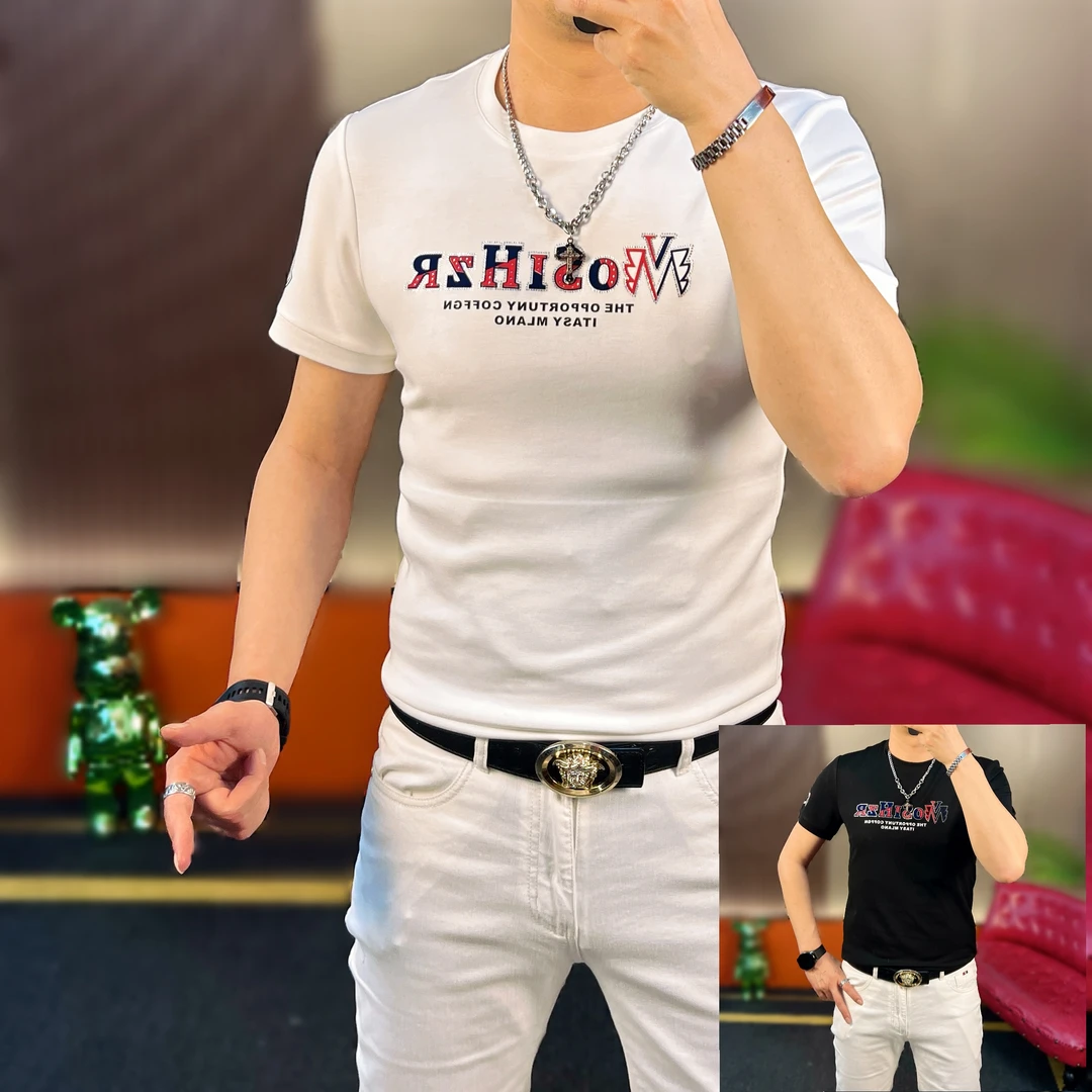 2025年夏季新款百搭印花时尚休闲高品质修身男士印花圆领短袖潮