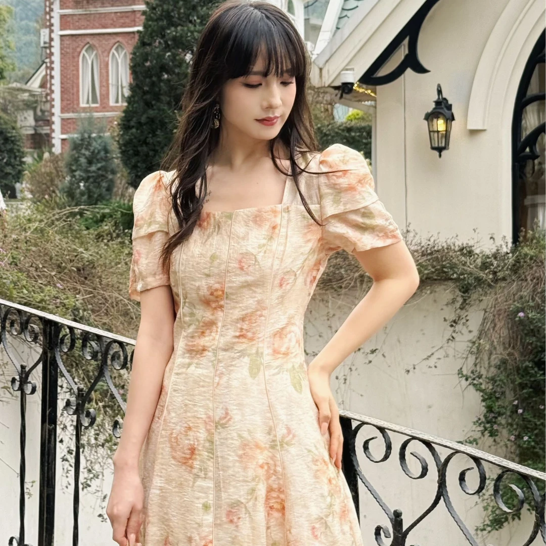 《蔷薇晚风》收腰显瘦少女短袖茶歇裙旗袍气质裙子夏季连衣裙皱褶袖