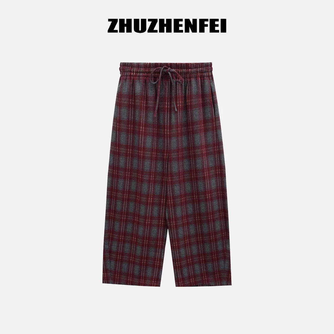 ZHUZHENFEI【往日时光】松紧腰舒适宽松休闲格子弯刀裤Z353136