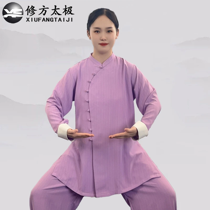 初秋女新款（飘逸空调麻）斜襟透气垂顺太极练功服八段锦武术表演服