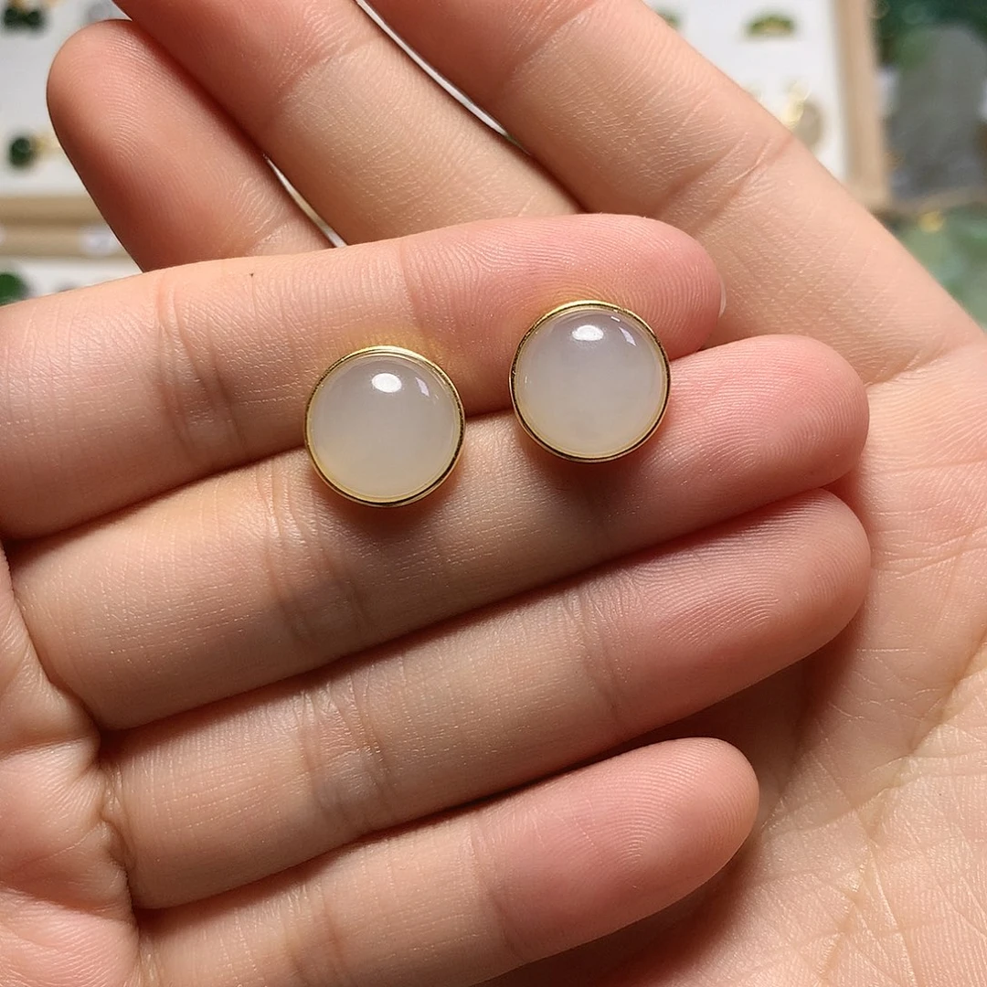 银S925镀金镶嵌和田玉（白玉）耳饰珠*
