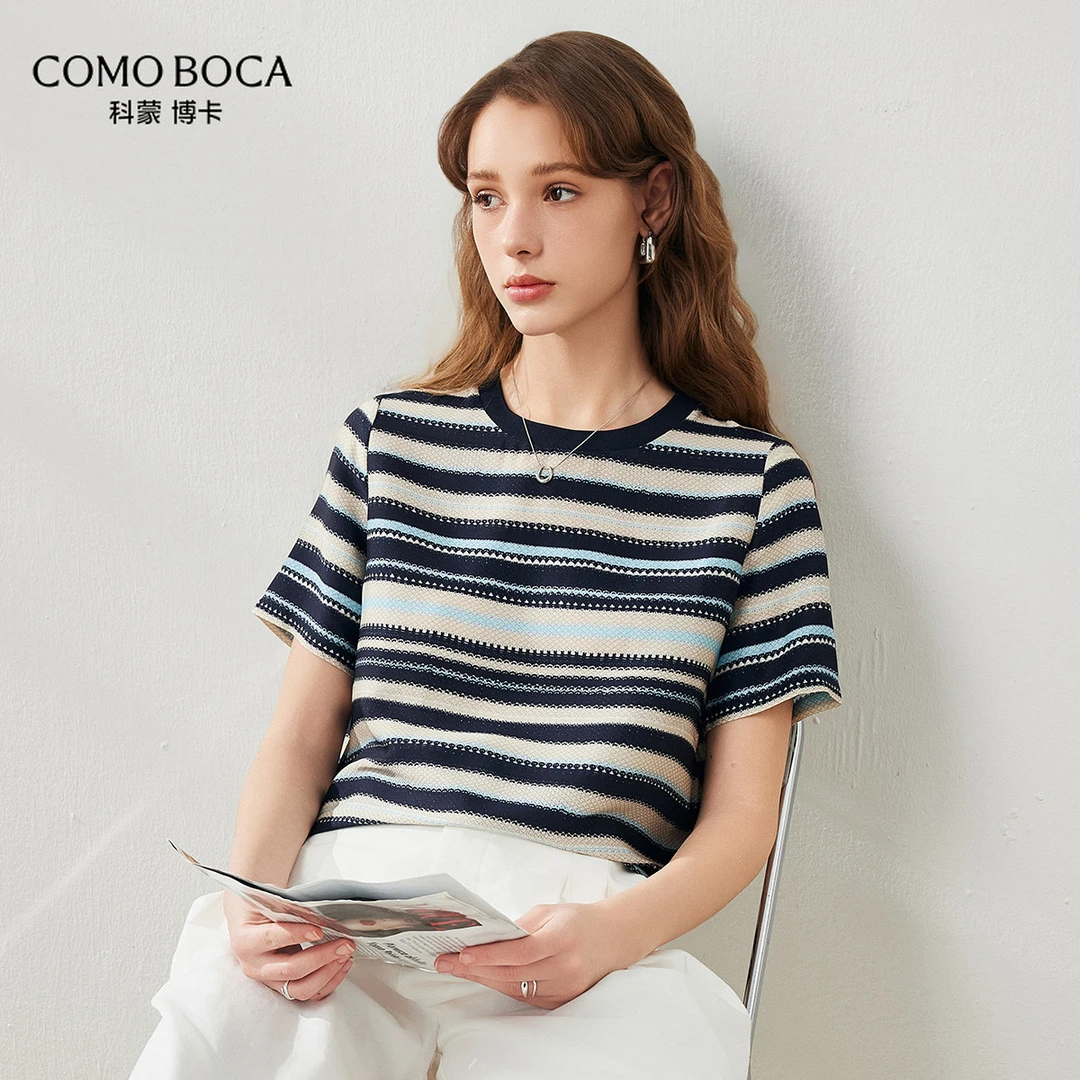 COMOBOCA/科蒙·博卡桑蚕丝条纹T恤弹力双乔夏短袖上衣KXTQG22544