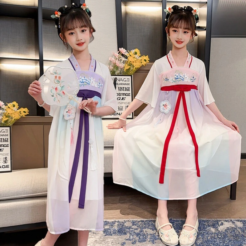 女童汉服春款薄型儿童连衣裙古风中大童唐装发超美夏季薄款飘逸