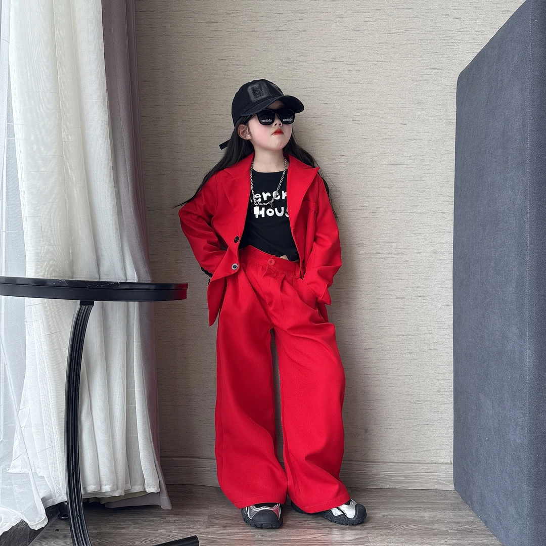 女童春秋款洋气红色西装两件套中大童时髦走秀款小西装潮