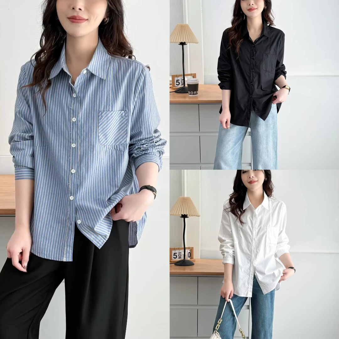 春夏款简约复古水洗棉条纹长袖衬衫微胖女装通勤龟背感衬衣