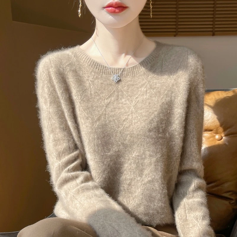 鄂尔多斯市100%羊绒衫女低圆领秋冬季宽松针织打底衫提花保暖毛衣