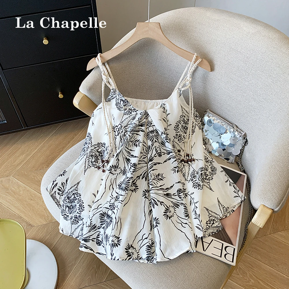 拉夏贝尔法式气质慵懒碎花宽松吊带背心女夏度假百搭休闲无袖上衣