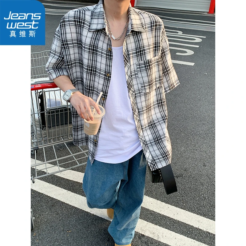 真维斯黑白格子短袖衬衫男春夏季日系情侣宽松休闲工装衬衣外套潮