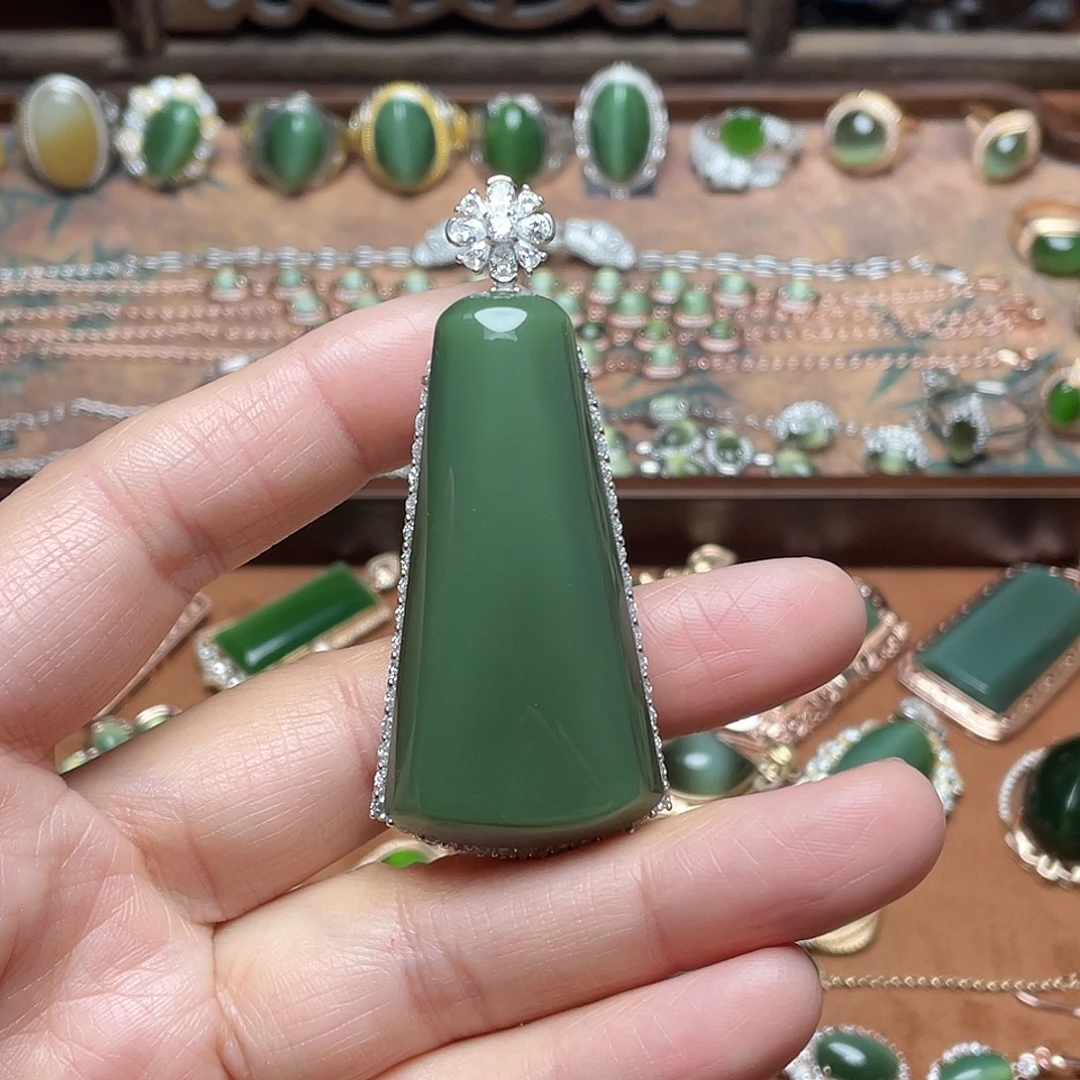 和田玉（碧玉）银S925镶嵌吊坠(不含链)